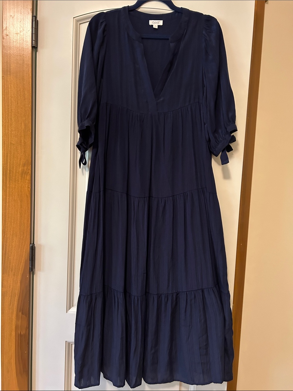 ODDi Navy V-Neck Tiered Maxi Dress. Beautiful striping effect &Gathering Detail